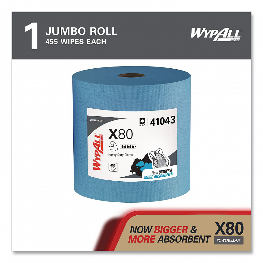 Power Clean X80 Heavy Duty Cloths, Jumbo Roll, 12.4 x 12.2, Blue, 455/Roll (41043)
