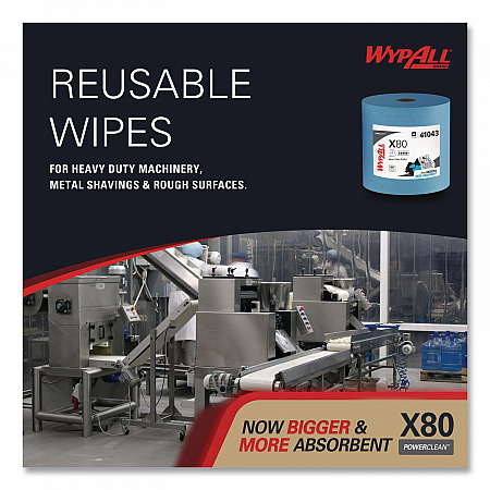 Power Clean X80 Heavy Duty Cloths, Jumbo Roll, 12.4 x 12.2, Blue, 455/Roll (41043)