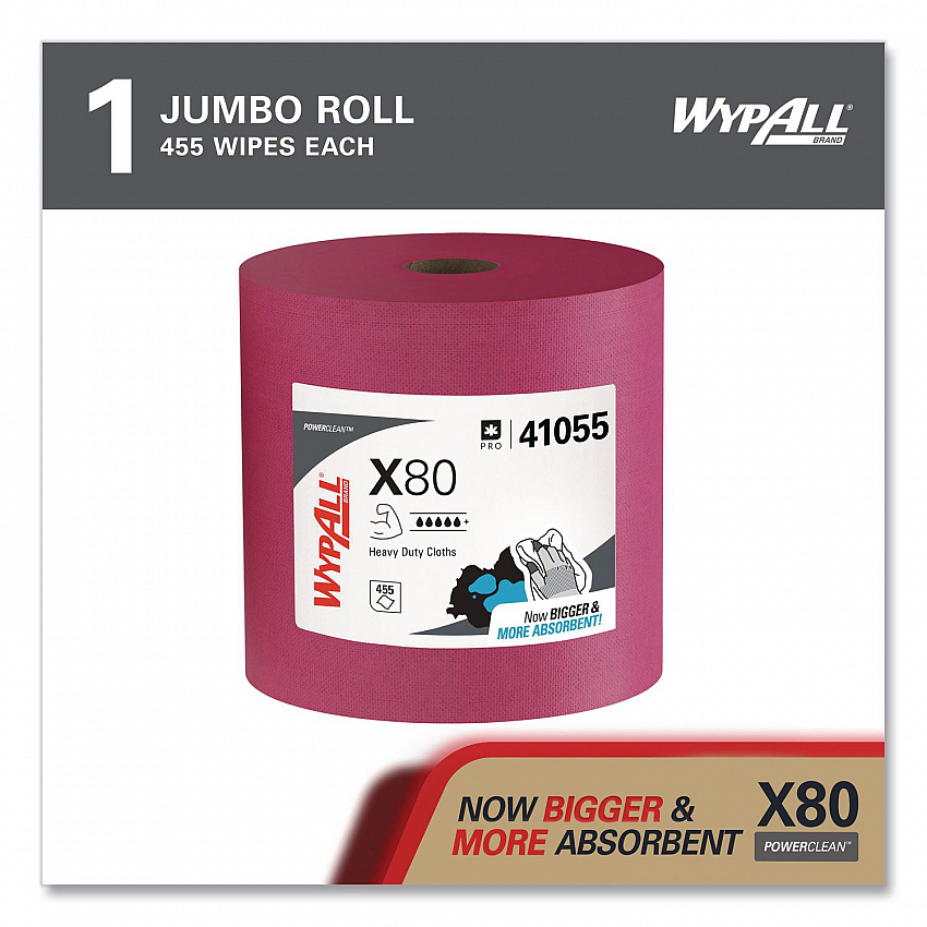 Power Clean X80 Heavy Duty Cloths, Jumbo Roll, Perforated,12.4 x 12.2, Red, 455 Wipers/Roll (41055)