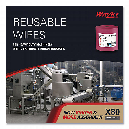 Power Clean X80 Heavy Duty Cloths, Jumbo Roll, Perforated,12.4 x 12.2, Red, 455 Wipers/Roll (41055)