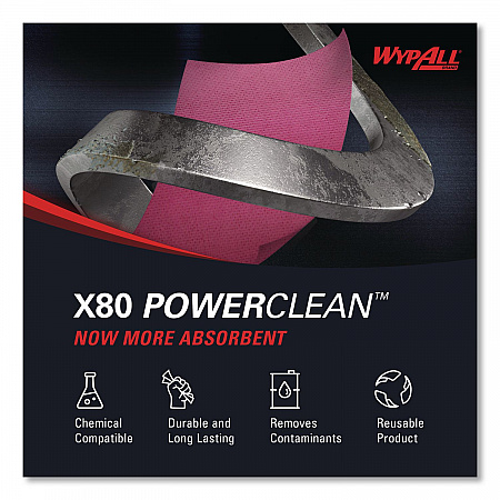 Power Clean X80 Heavy Duty Cloths, Jumbo Roll, Perforated,12.4 x 12.2, Red, 455 Wipers/Roll (41055)