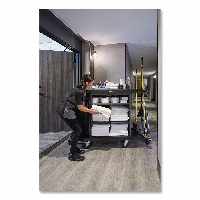 Full-Size Housekeeping Cart, Plastic, 3 Shelves, 1 Bin, 24.4 x 62.4 x 49, Black (2202581)