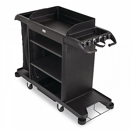 Full-Size Housekeeping Cart, Plastic, 3 Shelves, 1 Bin, 24.4 x 62.4 x 49, Black (2202581)