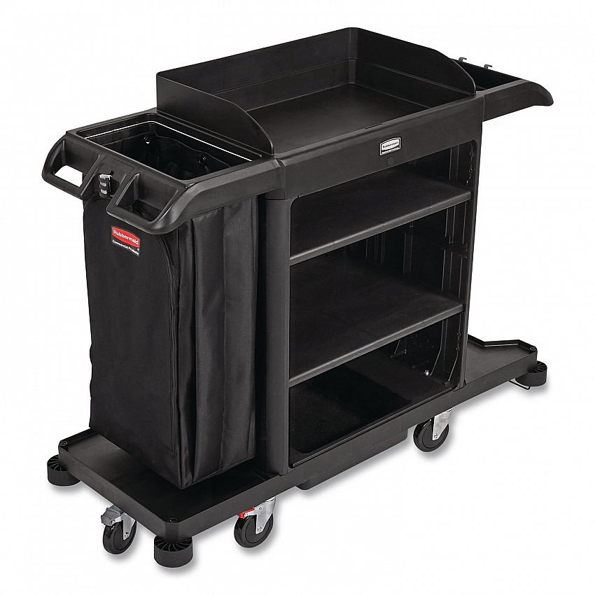 Full-Size Housekeeping Cart, Plastic, 3 Shelves, 1 Bin, 24.4 x 62.4 x 49, Black (2202581)