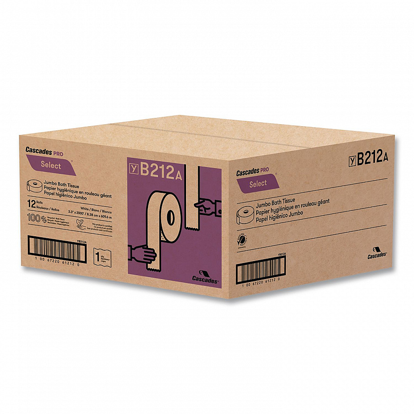 Select Jumbo Bath Tissue, Septic Safe, 1-Ply, 3.3" x 2,000 ft, White, 12 Rolls/Carton (B212)