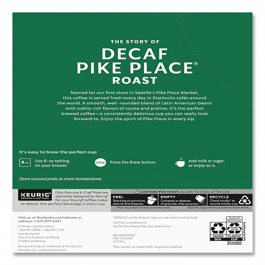 Pike Place Decaf Coffee K-Cups, 96/Carton (011111161CT)