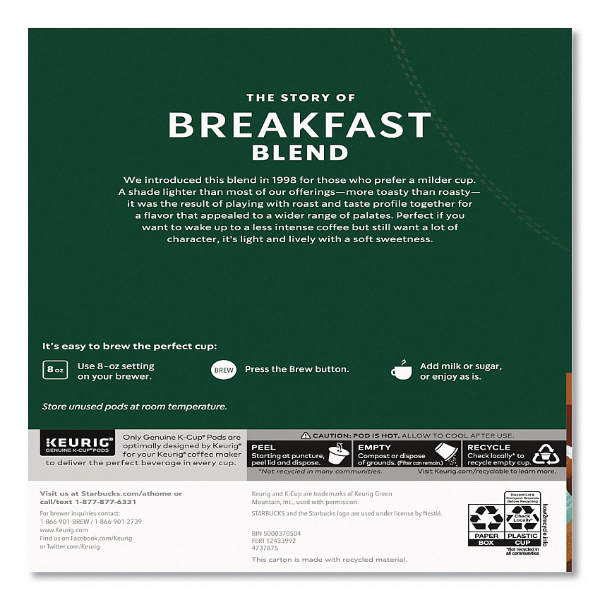 Breakfast Blend Coffee K-Cups, 96/Carton (011111157CT)
