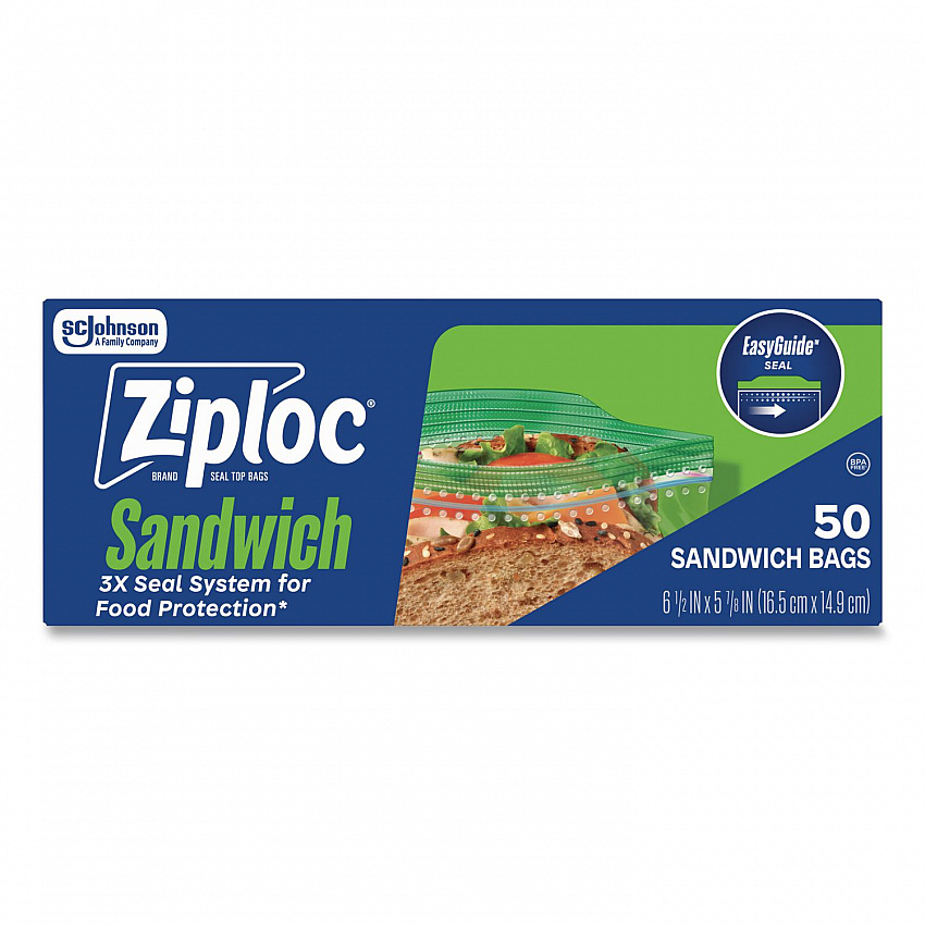 Resealable Sandwich Bags, 6.5" x 5.88", Clear, 50 Bags/Box, 12 Boxes/Carton (383179)