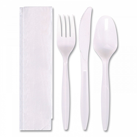 Economy Cutlery Kit, Fork/Knife/Napkin/Spoon, Plastic, White, 250/Carton (117799)