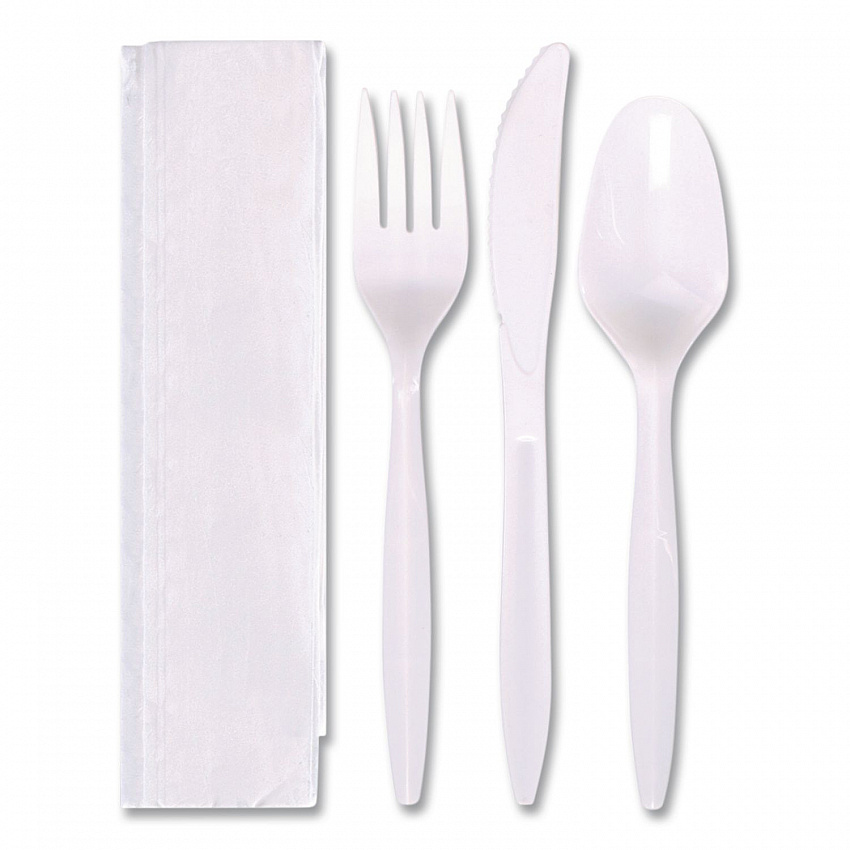 Economy Cutlery Kit, Fork/Knife/Napkin/Spoon, Plastic, White, 250/Carton (117799)