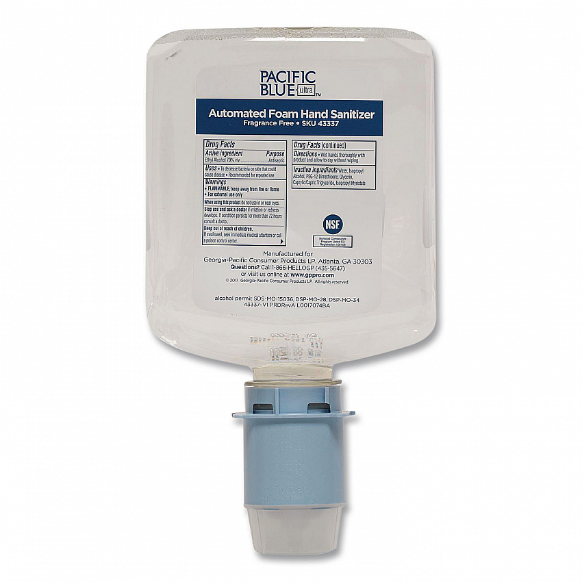 Pacific Blue Ultra Automated Sanitizer Dispenser Refill Foam Hand Sanitizer, 1,000 mL Bottle, Fragrance-Free, 3/Carton (43337)