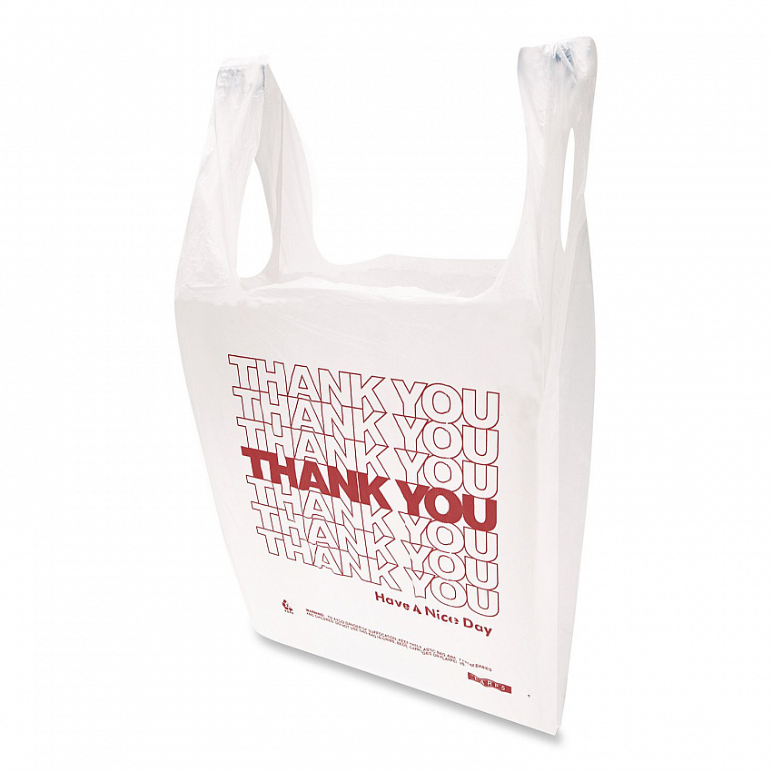 HDPE T-Shirt Bags, Thank You - Have a Nice Day Labeling, Cut-Out Handles, 12" x 7" x 23", White/Red, 500/Carton (THW2VAL)