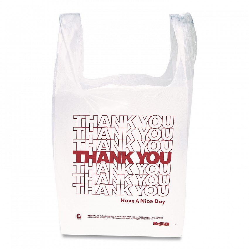 HDPE T-Shirt Bags, Thank You - Have a Nice Day Labeling, Cut-Out Handles, 12" x 7" x 23", White/Red, 500/Carton (THW2VAL)