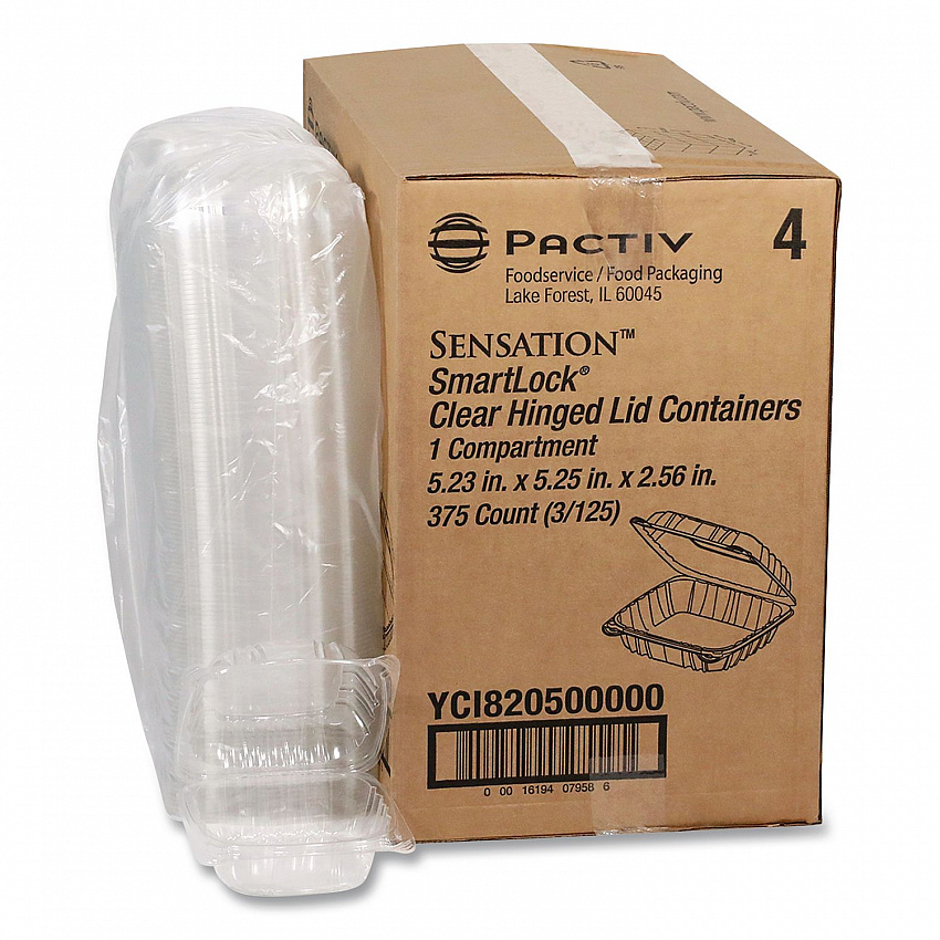 SENSATION SmartLock Hinged Lid Container, 5.2 x 5.3 x 2.56, Clear, Plastic, 375/Carton (YCI820500000)