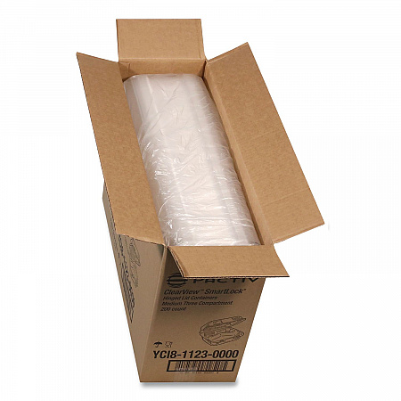 ClearView SmartLock Hinged Lid Container, 3 Compartments, 5 oz/14 oz, 8.2 x 8.3 x 2,9, Clear, Plastic, 200/Carton (YCI81123)