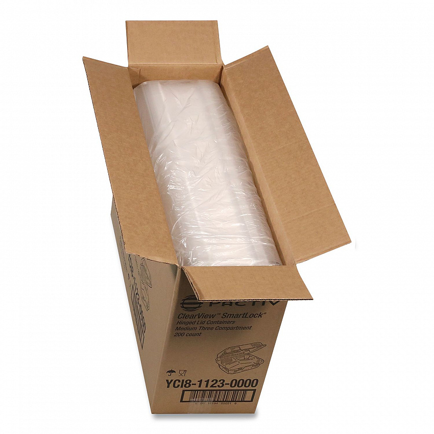 ClearView SmartLock Hinged Lid Container, 3 Compartments, 5 oz/14 oz, 8.2 x 8.3 x 2,9, Clear, Plastic, 200/Carton (YCI81123)