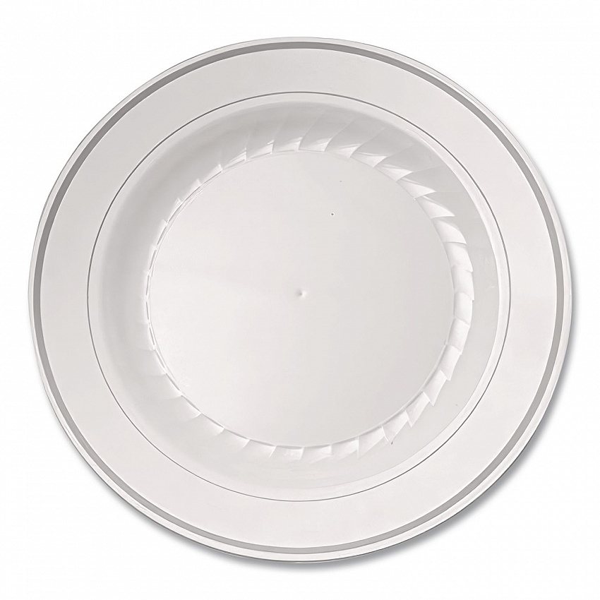 Masterpiece Plastic Plates, 10.25" dia, White/Silver, 10/Pack, 12 Packs/Carton (RSM101210WS)