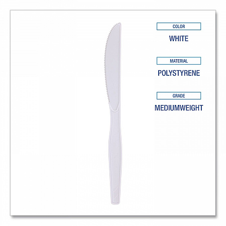 Mediumweight Polystyrene Cutlery, Knife, Plastic, White, 100/Box (KNIFEMWPSBX)