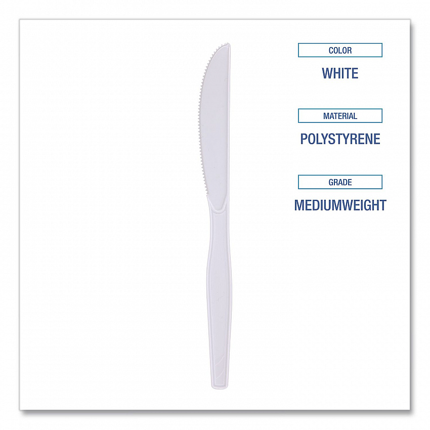 Mediumweight Polystyrene Cutlery, Knife, Plastic, White, 100/Box (KNIFEMWPSBX)