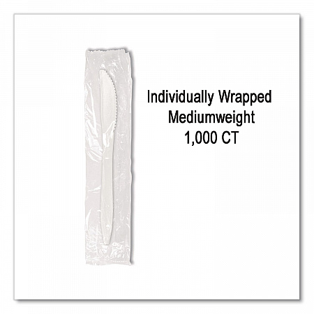 Individually Wrapped Mediumweight Cutlery, Knife, Plastic, White, 1,000/Carton (1101000)