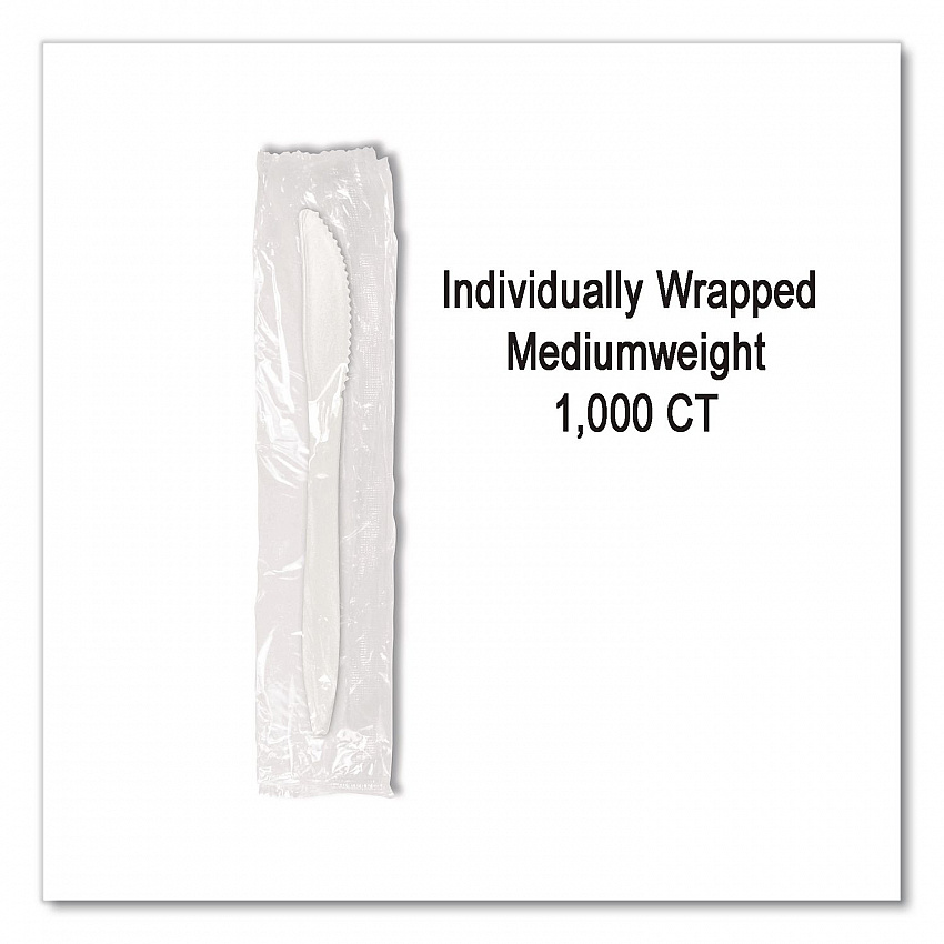 Individually Wrapped Mediumweight Cutlery, Knife, Plastic, White, 1,000/Carton (1101000)