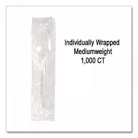 Individually Wrapped Mediumweight Cutlery, Spoon, Plastic, White, 1,000/Carton (1103000)