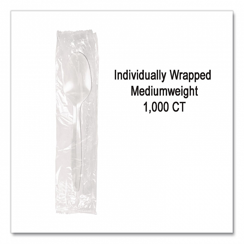 Individually Wrapped Mediumweight Cutlery, Spoon, Plastic, White, 1,000/Carton (1103000)