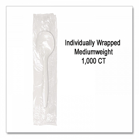 Individually Wrapped Mediumweight Cutlery, Soup Spoon, Plastic, White, 1,000/Carton (1104000)