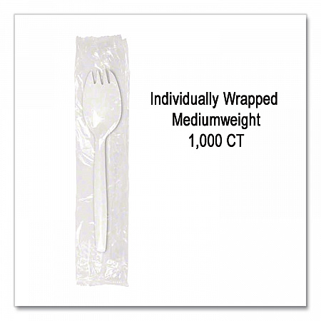 Individually Wrapped Mediumweight Cutlery, Spork, Plastic, White, 1,000/Carton (1105000)