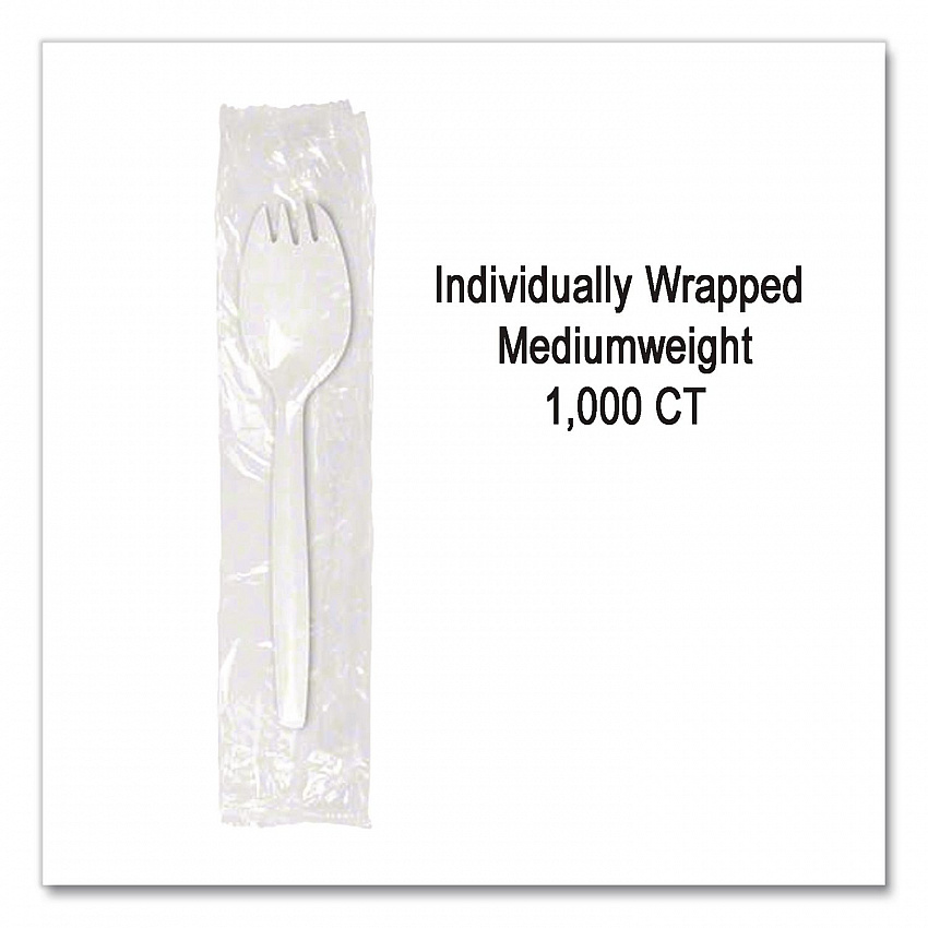 Individually Wrapped Mediumweight Cutlery, Spork, Plastic, White, 1,000/Carton (1105000)