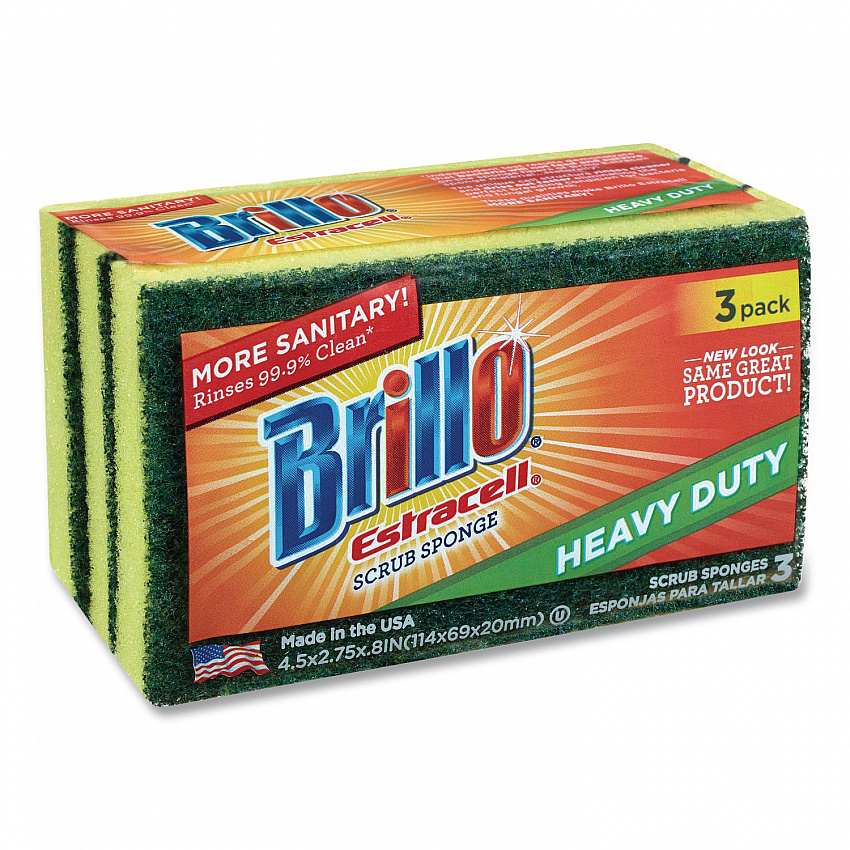 Estracell Heavy Duty Scrub Sponge, 4.5 x 2.75, 0.8" Thick, Yellow/Green, 3 Sponges/Pack, 8 Packs/Carton (21031)