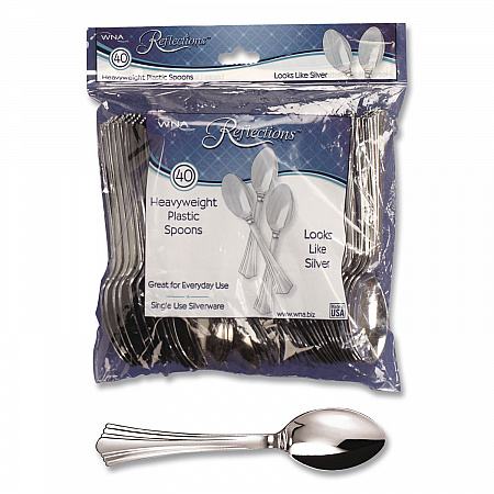 Reflections Heavyweight Plastic Utensils, Spoon, Silver, 40/Pack, 8 Packs/Carton (REF320SP)