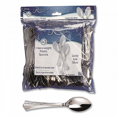 Reflections Heavyweight Plastic Utensils, Spoon, Silver, 40/Pack (REF320SPPK)