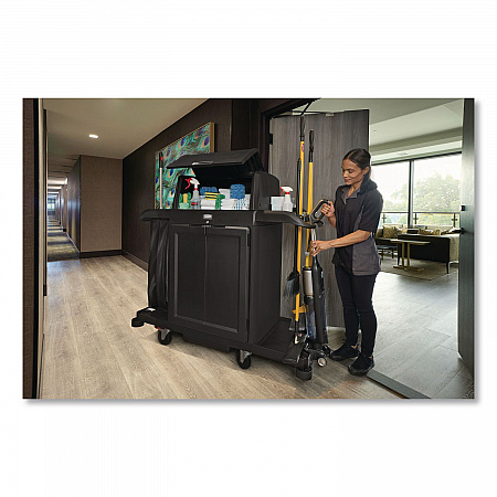 Housekeeping Cart with Hood and Doors, Plastic, 4 Shelves,1 Bin, 24.4 x 62.4 x 56.9, Black (2202587)