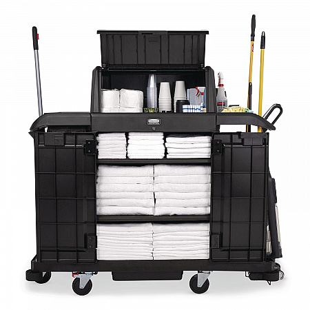 Housekeeping Cart with Hood and Doors, Plastic, 4 Shelves,1 Bin, 24.4 x 62.4 x 56.9, Black (2202587)