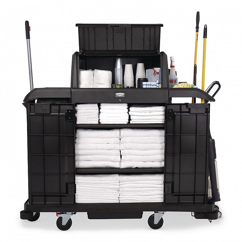 Housekeeping Cart with Hood and Doors, Plastic, 4 Shelves,1 Bin, 24.4 x 62.4 x 56.9, Black (2202587)