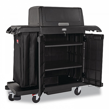Housekeeping Cart with Hood and Doors, Plastic, 4 Shelves,1 Bin, 24.4 x 62.4 x 56.9, Black (2202587)