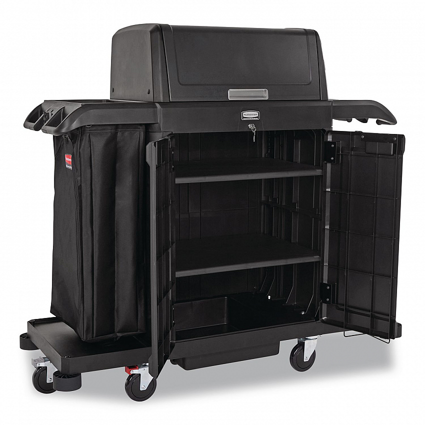 Housekeeping Cart with Hood and Doors, Plastic, 4 Shelves,1 Bin, 24.4 x 62.4 x 56.9, Black (2202587)