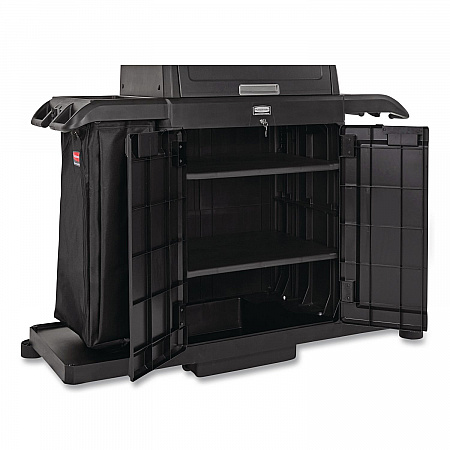 Housekeeping Cart with Hood and Doors, Plastic, 4 Shelves,1 Bin, 24.4 x 62.4 x 56.9, Black (2202587)