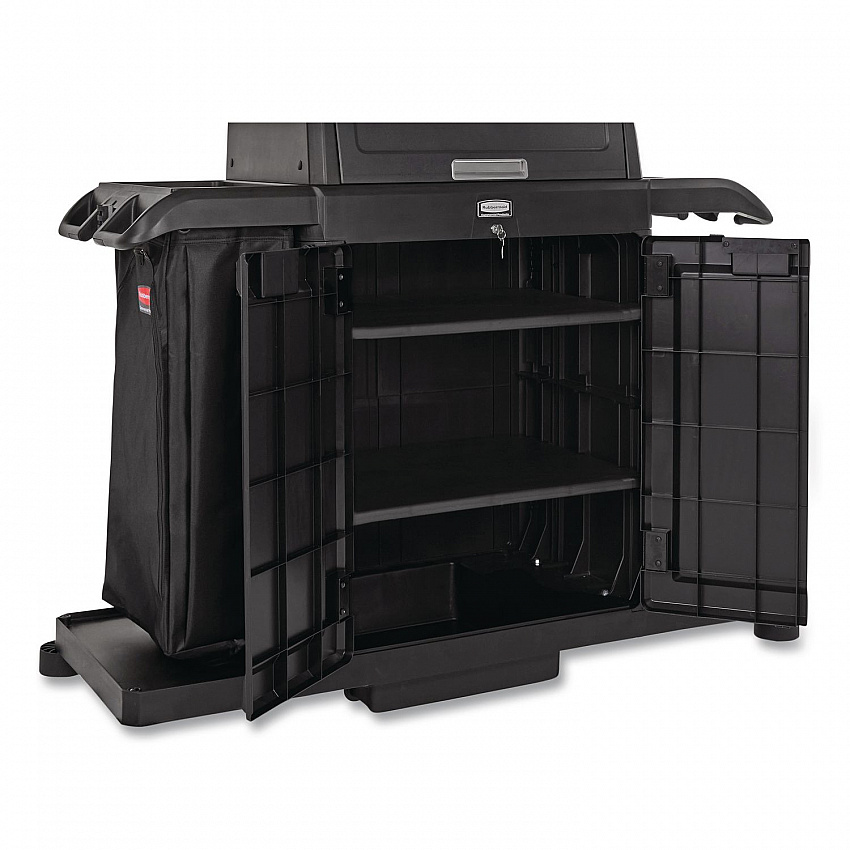 Housekeeping Cart with Hood and Doors, Plastic, 4 Shelves,1 Bin, 24.4 x 62.4 x 56.9, Black (2202587)