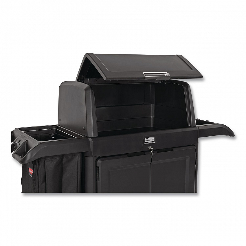 Housekeeping Cart with Hood and Doors, Plastic, 4 Shelves,1 Bin, 24.4 x 62.4 x 56.9, Black (2202587)