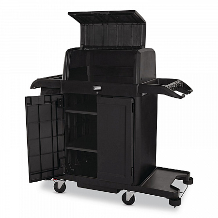 Housekeeping Cart with Hood and Doors, Plastic, 4 Shelves,1 Bin, 24.4 x 62.4 x 56.9, Black (2202587)