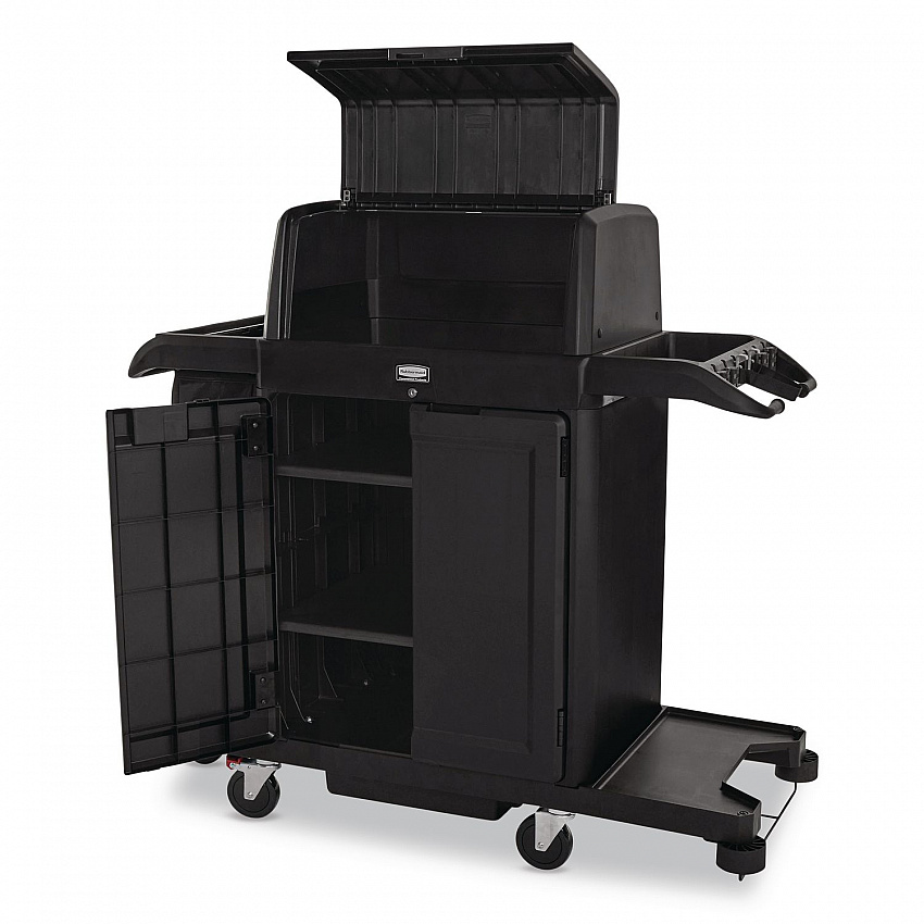 Housekeeping Cart with Hood and Doors, Plastic, 4 Shelves,1 Bin, 24.4 x 62.4 x 56.9, Black (2202587)