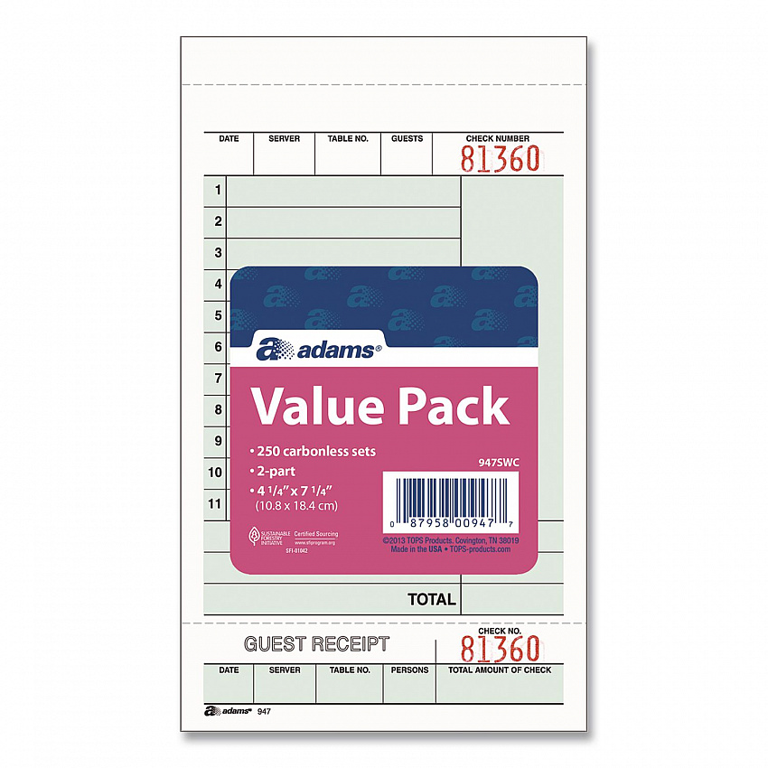 Multi-Part Guest Check Unit Sets, Two-Part Carbonless, 4.25 x 6.75, 250 Forms Total (947SWC)