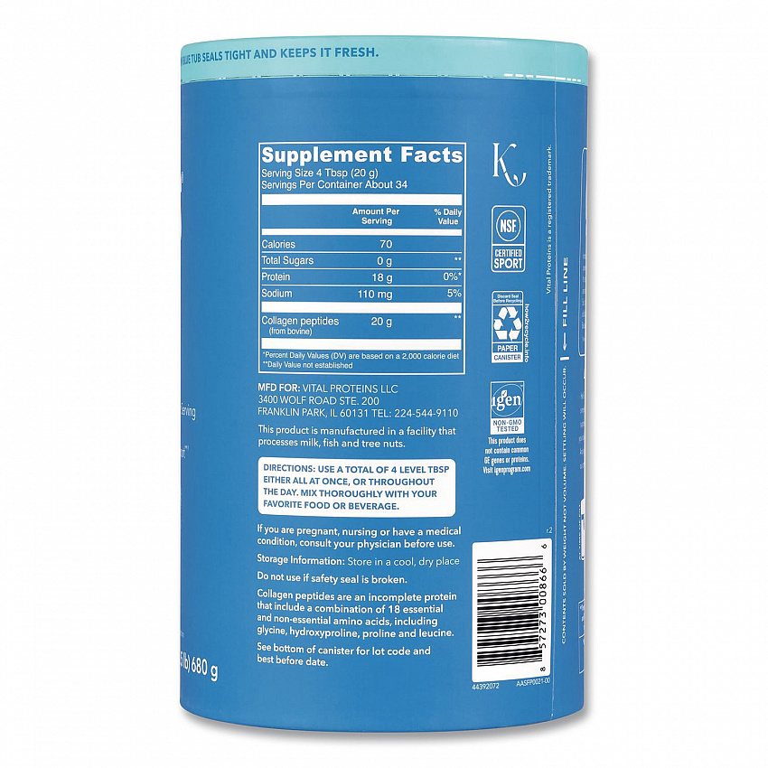 Collagen Peptides Unflavored Powder, Unflavored, 24 oz Bottle (22002620)