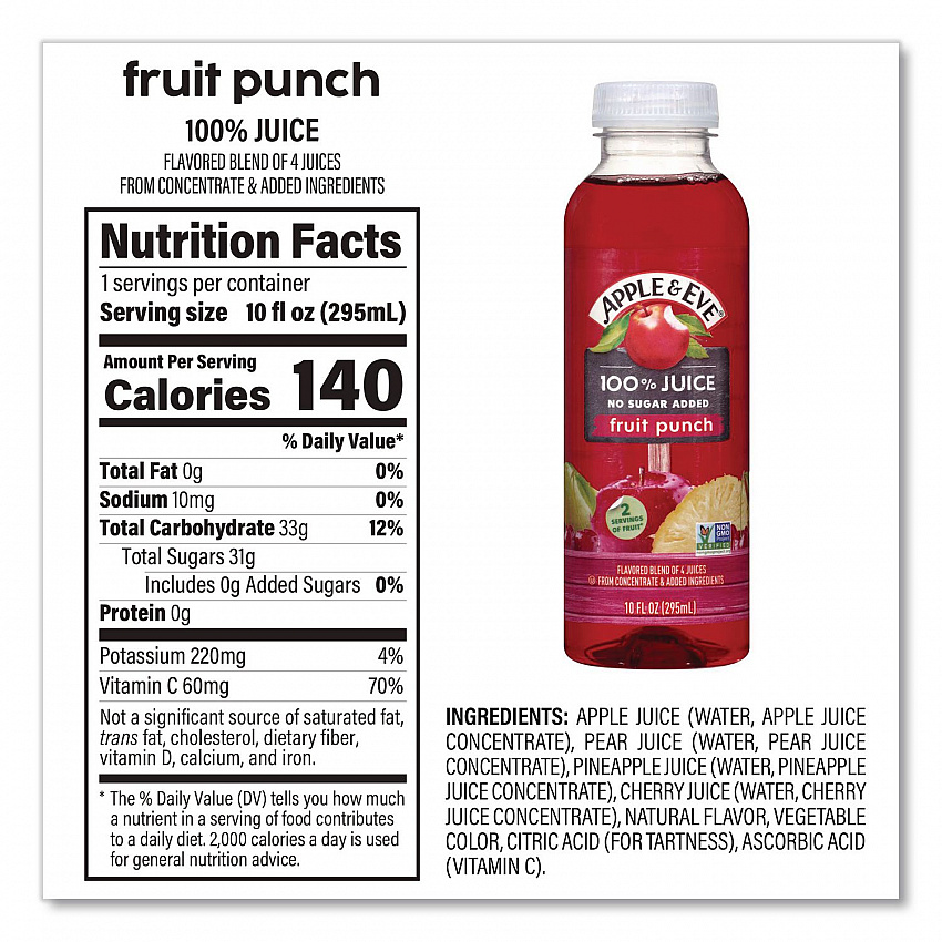 100% Fruit Juice Variety Pack, Assorted Flavors, 10 oz Bottle, 24/Carton (22002662)