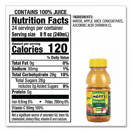 100% Original Apple Juice, Apple, 8 oz Bottle, 24/Carton (22002660)