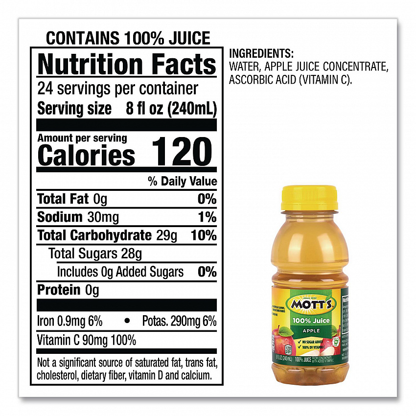 100% Original Apple Juice, Apple, 8 oz Bottle, 24/Carton (22002660)