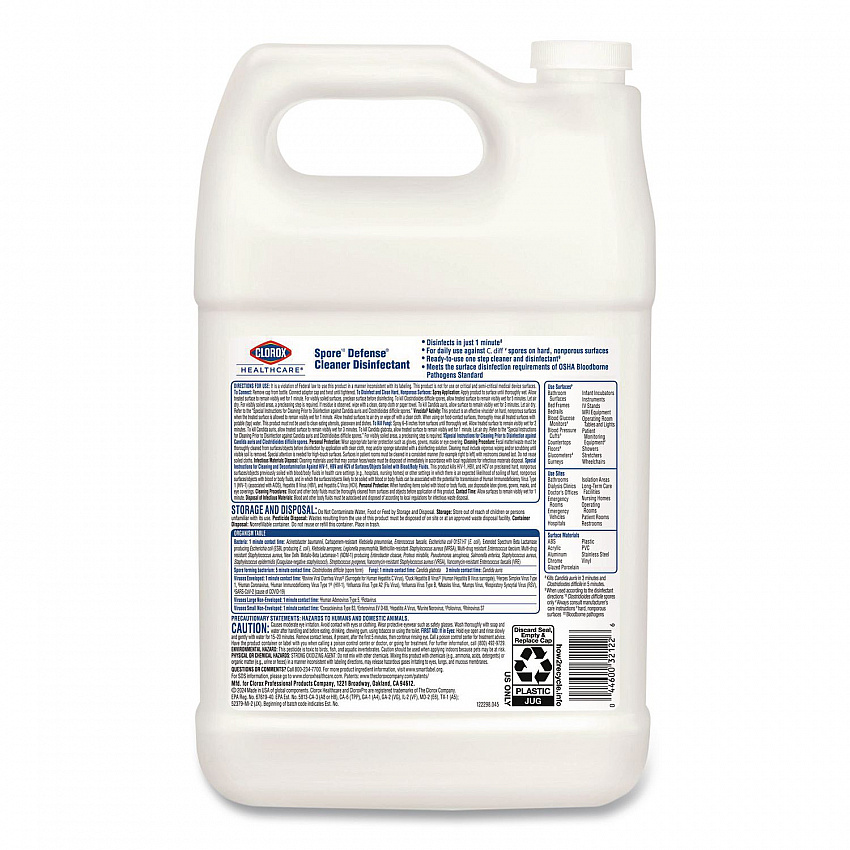 Spore Defense Cleaner Disinfectant, Closed System, Unscented, 1 gal Refill Bottle, 4/Carton (32122)
