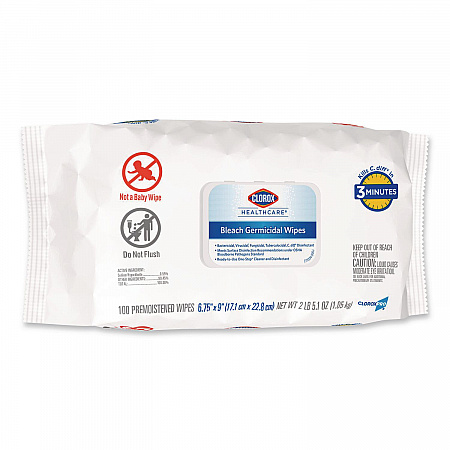 Bleach Germicidal Wipes, Disinfectant Wipes, 1-Ply, 6.75 x 9, Unscented, White, 100 Wipes/Flex-Pack, 6 Flex-Packs/Carton (32621)